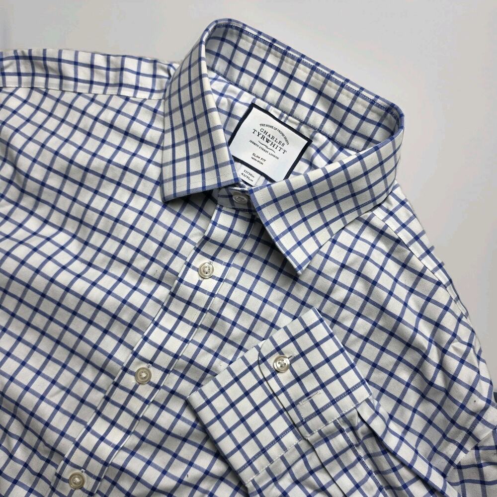 Charles Tyrwhitt Shirt 17/36 Blue Checks Casual Slim Fit Preppy Formal Button